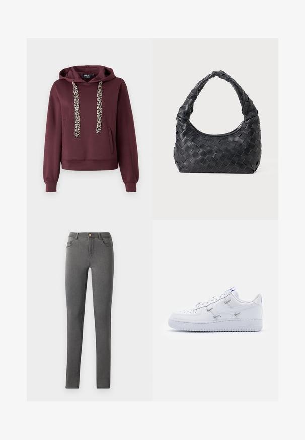 Bordo mikina s leopardími šnúrkami, predným vreckom a rebrovanými manžetami. Vyrobená z mäkkého, elastického materiálu pre pohodlie.; Šedé denimové skinny jeans so priliehavým strihom, päť vreckovým štýlom a jedným kovovým gombíkom na zapínanie v oblasti pása.; Nike Sportswear AIR FORCE 1 - Tenisky - white/hyper royal/black; Čierna kožená pletená ramenná taška s okrúhlou rukoväťou a telom v tvare polmesiaca na jednofarebnom pozadí.