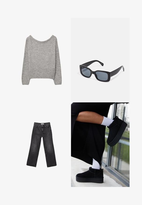 Grå, cropped sweater i en blød strik. Har en bred halsudskæring, ribbede manchetter og kant. Enkel design uden mønstre eller pynt.; Sorte denimjeans med brede ben, for- og baglommer, knaplukning og bæltestropper, lagt fladt på en hvid baggrund.; Sorte suede ankelstøvler med flad sål, med en bageste træksløjfe, båret med hvide ankelstrømper mod en minimalistisk baggrund.; Sorte rektangulære solbriller med mørkt tonede linser, tyk plastramme og brede stænger. Glat overflade og kantet design.