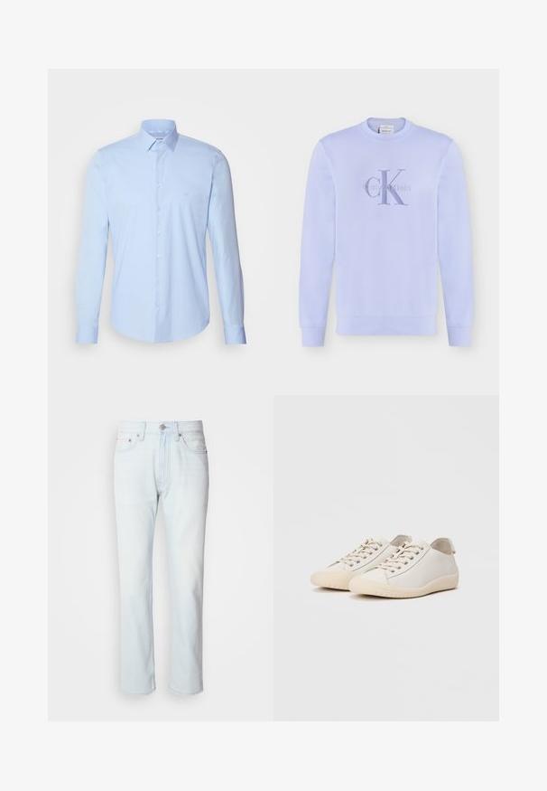 Sweat-shirt violet clair à manches longues avec col rond et logo "cK" de Calvin Klein brodé en violet assorti sur la poitrine.; Chemise boutonnée bleu clair en coton, avec un col classique, des manches longues et un petit logo sur la poitrine. Texture lisse.; Jean en denim bleu clair avec une coupe droite. Présente une fermeture à bouton et des passants de ceinture, mettant en valeur une texture décolorée et des coutures minimalistes.; Baskets blanches en cuir lisse avec des coutures ton sur ton, fermeture à lacets, bout arrondi et semelle en caoutchouc texturée.