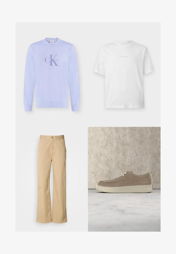 Sweat-shirt violet clair à manches longues avec col rond et logo "cK" de Calvin Klein brodé en violet assorti sur la poitrine.; T-shirt blanc à manches courtes avec col rond, avec un discret logo Calvin Klein embossé centré sur la poitrine.; Pantalon large beige en mélange coton. Fermeture par bouton et passants de ceinture. Texture lisse, avec des détails de couture minimaux.; Chaussure décontractée en daim gris clair avec semelle blanche et lacets, flottant au-dessus d'un tapis beige dans une pièce avec des meubles de couleur ambre.