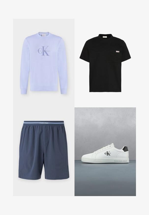 Sweat-shirt violet clair à manches longues avec col rond et logo "cK" de Calvin Klein brodé en violet assorti sur la poitrine.; T-shirt noir à manches courtes avec une poche poitrine sur le côté gauche comportant un petit patch logo Calvin Klein.; Boxers pour homme bleu marine avec une ceinture élastique ornée de rayures bleu clair et un logo blanc Calvin Klein centré devant.; Baskets en cuir blanc à finition lisse, design à lacets, bout arrondi et accent talon noir contrastant. Semelle en caoutchouc offrant une bonne adhérence.