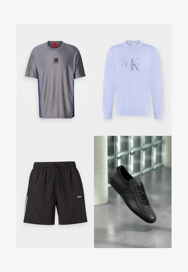 Lichtpaarse longsleeve crewneck trui met het Calvin Klein "cK"-logo in bijpassend paars geborduurd op de borst.; Grijze mesh t-shirt met korte mouwen, voorzien van een zwart logo op de voorkant en blauwe accenten langs de zijnaad.; Zwarte shorts met elastische tailleband, trekkoord, zijzakken en wit Calvin Klein-logo op de rechterdij en een witte streep aan de linkervoet.; Zwarte leren sneaker met veters zwevend boven een gepolierde betonnen vloer naast een glasblokmuur in een minimalistische setting.