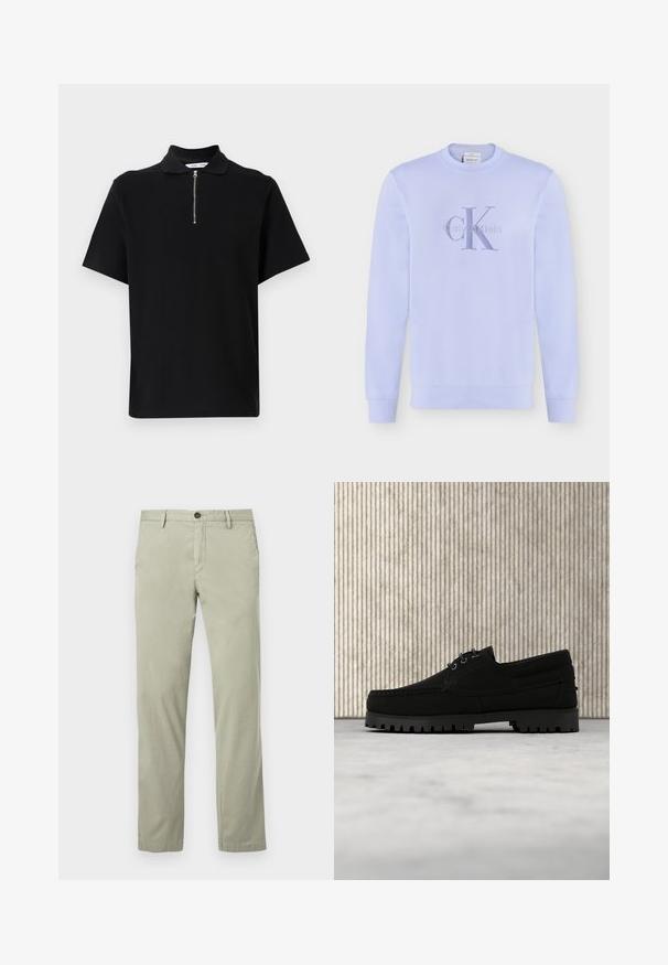 Sweat-shirt violet clair à manches longues avec col rond et logo "cK" de Calvin Klein brodé en violet assorti sur la poitrine.; Polo noir à manches courtes en tissu doux, avec un col zippé et un design épuré et minimaliste sans motifs supplémentaires.; Chinos vert clair en tissu de coton lisse, avec fermeture à boutons, poches latérales et coupe droite.; Chaussure noire à lacets avec semelle épaisse à nervures flottant au-dessus d'un tapis beige, table ronde moderne marron en arrière-plan dans une pièce à éclairage doux.