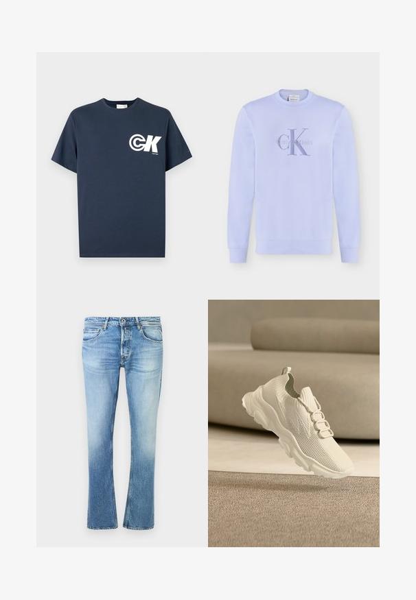 Svetlofialová mikina s dlhým rukávom a okrúhlym výstrihom s vyšitým logom "cK" značky Calvin Klein v zodpovedajúcej fialovej farbe na hrudi.; Tmavomodré tričko s krátkym rukávom a okrúhlym výstrihom s bielym logom CK a nápisom "Calvin Klein" na ľavej strane hrudníka.; Svetlomodré riflové nohavice so vyblednutým vzhľadom, s rovnými nohavicami, piatimi vreckami a zapínaním na gombík v páse.; Svetlo béžová pletená teniska s hrubou podrážkou a členkovým golierom, zobrazená vo vzduchu nad textúrovaným béžovým kobercom.