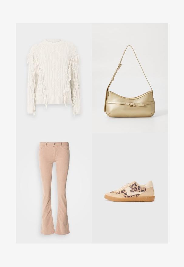 Chunky strikket hvid sweater med kabelmønstre, der har lange frynser langs ærmerne og en ribbet kant.; Lysrosa fløjl flared jeans med subtil ribbet tekstur, frontlommer, lynlås og knaplukning, samt en let falmning langs benene.; Leopardprint sneakers med beige ruskindsoverdel, tan gummisål og hvide detaljer. Rund pegefinger og snørebåndsdesign med en tekstureret finish.; Metallic guld skuldertaske med en buet form, glat tekstur, en flad rem og en dekorativ spænde-detail foran.