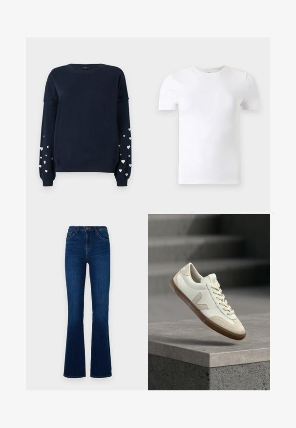 Marineblauer Sweatshirt mit langen Ärmeln, das verstreute silberne Herzmuster auf den Ärmeln, gerippte Bündchen und einen Rundhalsausschnitt aufweist.; Schlichtes weißes Kurzarm-T-Shirt mit Rundhalsausschnitt vor einem hellgrauen Hintergrund.; Dunkelblaue ausgestellte Jeans aus Denim mit hoher Taille, versehen mit Fronttaschen, einem Reißverschluss und subtilen Stickdetails.; Weiße und beige Sneaker mit Gummisohle schweben über einer grauen Betonoberfläche, im Hintergrund unscharfe Treppen.