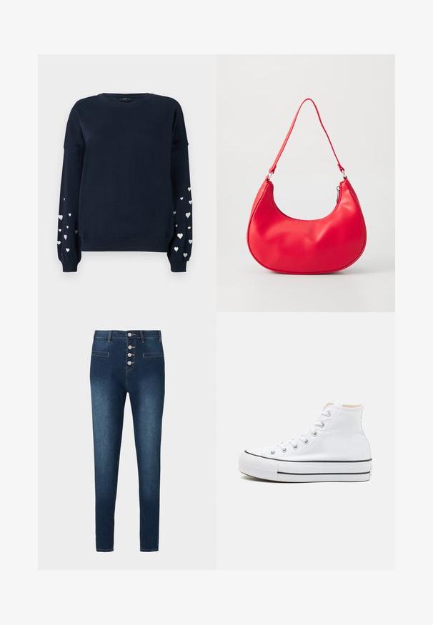 Sweatshirt marine à manches longues avec des motifs de cœurs argentés dispersés sur les manches, des poignets côtelés et un col ras du cou.; Jean en denim bleu foncé avec une taille haute, une fermeture à cinq boutons et deux poches avant. Texture lisse avec des détails de couture contrastants.; Baskets montantes blanches en toile, semelle en caoutchouc noir et bande noire contrastante sur la semelle intermédiaire. Bout rond et design à lacets.; Sac à épaule en simili cuir rouge au design courbé, avec une bandoulière fine et une fermeture éclair. Texture lisse avec des détails de couture visibles.