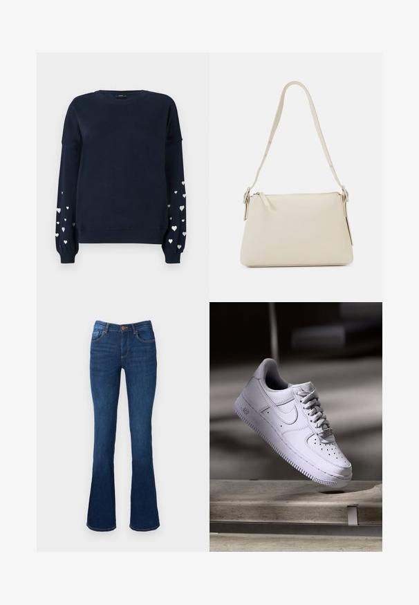 Marineblå sweatshirt med lange ærmer, der har spredte sølvfarvede hjerter på ærmerne, ribbede manchetter og rund halsudskæring.; Bredde denim jeans i blå farve med mid-rise talje, der har for- og baglommer, orange syninger og knaplukning.; Hvid Nike Air Force 1 sneaker svævende over en betonoverflade med skygger i et minimalistisk miljø.; Beige skuldertaske lavet af glat læder med lynlås-lukning. Har et enkelt design, slank skulderrem og metalbeslag som detaljer.