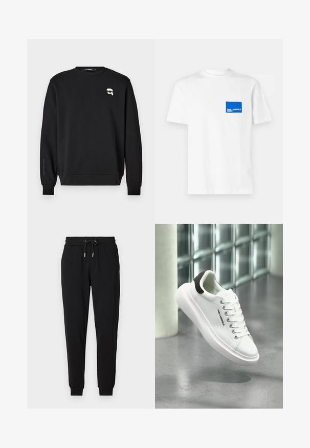 Sort sweatshirt med rund halsudskæring, ribbede manchetter og smæk. Har et lille grafisk motiv på brystet og mærkets navn trykt påærmet.; Hvid bomulds t-shirt med et blåt rektangulært logo patch på venstre bryst med teksten "KARL LAGERFELD JEANS". Rund hals design.; Sorte sweatpants med elastisk talje, justerbar snor, sidelommer og tapered ben. Fremstillet af blødt, strækbart stof.; Hvid lavt snørestøvle med tyk sål, sort hælflig, snørebånd foran og "KARL LAGERFELD" logo på siden, som svæver over en grå gulv.