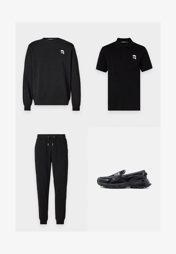 Sort sweatshirt med rund halsudskæring, ribbede manchetter og smæk. Har et lille grafisk motiv på brystet og mærkets navn trykt påærmet.; Sort polo skjorte i bomuld med krave, tre knapper og et lille hvidt logo på venstre bryst. Korte ærmer og lige snit.; Sorte sweatpants med elastisk talje, justerbar snor, sidelommer og tapered ben. Fremstillet af blødt, strækbart stof.; Sort slip-on sneaker med tyk tekstureret sål og meshpaneler, designet til afslappet og atletisk brug.
