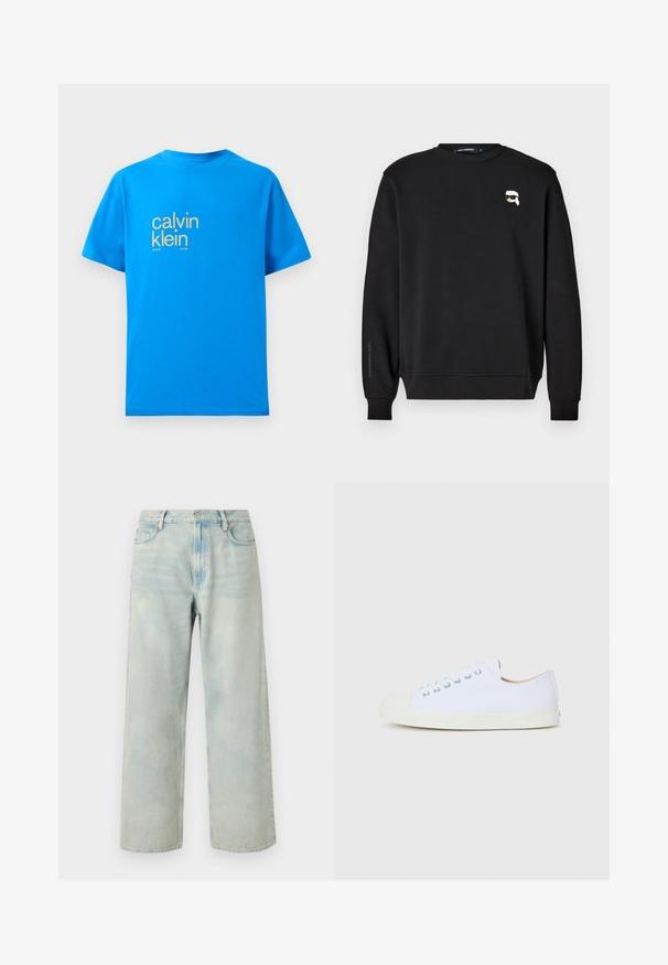Zwarte sweatshirt met ronde halslijn, ribgebreide manchetten en zoom. Heeft een kleine grafische afbeelding op de borst en de merknaam gedrukt op de mouw.; Heldere blauwe katoenen T-shirt met korte mouwen, voorzien van een groot geel "calvin klein" logo op de voorkant en de tekst "new york city / since 1981".; Lichtblauwe, wijd uitlopende jeans met hoge taille, knopen aan de voorkant en zakken, plat uitgestald op een witte achtergrond.; Witte canvas sneaker met een ronde neus, rubberen tip en platte zool. Voorzien van metalen oogjes en een eenvoudig vetersysteem.