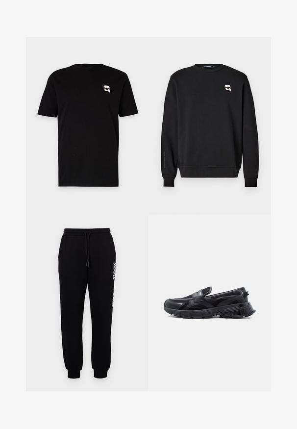 Sort sweatshirt med rund halsudskæring, ribbede manchetter og smæk. Har et lille grafisk motiv på brystet og mærkets navn trykt påærmet.; Sort bomulds t-shirt med korte ærmer, der har et lille hvidt grafisk motiv af en karakter med briller på venstre bryst. Klassisk crew neck design.; Sorte sweatpants lavet af blødt stof, med en elastisk talje og snøre, tapered ben og et logo langs siden.; Sort slip-on sneaker med tyk tekstureret sål og meshpaneler, designet til afslappet og atletisk brug.