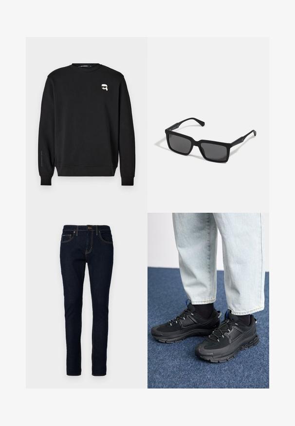 Schwarzes Sweatshirt mit Rundhalsausschnitt, gerippten Bündchen und Saum. Verfügt über eine kleine Grafik auf der Brust und den Markennamen, der auf dem Ärmel gedruckt ist.; Dunkelblaue Jeans aus Denim im Slim-Fit, mit gestickten Details, fünf Taschen und einem Knopfverschluss an der Taille.; Schwarze Sportschuhe aus strukturiertem Stoff mit Gummisohlen, ausgestattet mit elastischen Schnürsenkeln und einem blauen Akzent an der Ferse. Getragen mit hellen Jeans.; Schwarze Sonnenbrille mit rechteckigen Gläsern, mattem Finish, dickem Rahmen und schlanken Bügeln mit dezentem Branding-Detail.