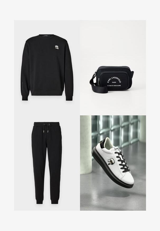 Sudadera negra con cuello redondo, puños y bajo acanalados. Presenta un pequeño gráfico en el pecho y el nombre de la marca impreso en la manga.; Pantalones deportivos negros con cintura elástica, cordón ajustable, bolsillos laterales y piernas ajustadas. Fabricados con un tejido suave y elástico.; Zapatilla de cuero blanca con acentos negros, punta redonda, cordones negros y un logotipo de dibujos animados en el lateral. Textura suave, suela de perfil bajo.; Bolso cruzado de nylon negro con texto y marca en blanco, que cuenta con un compartimento con cremallera y una correa ajustable. Forma rectangular con textura lisa.