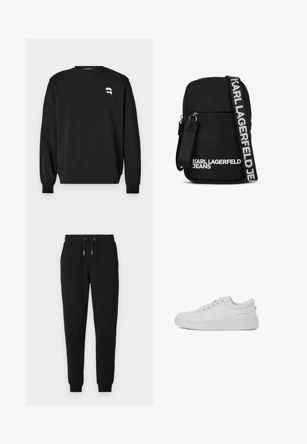 Sort sweatshirt med rund halsudskæring, ribbede manchetter og smæk. Har et lille grafisk motiv på brystet og mærkets navn trykt påærmet.; Sorte sweatpants med elastisk talje, justerbar snor, sidelommer og tapered ben. Fremstillet af blødt, strækbart stof.; Hvide lædersneakers med et klassisk lavtop-design, flad sål og subtilt brandlogo på hælen. Har fem metaløjer til snørebånd.; Sort stof crossbody tas med rektangulær form, der har en lynlåslukket frontlomme og en kontrasterende logo-rem i hvid.