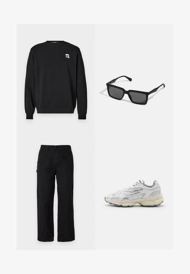 Schwarzes Sweatshirt mit Rundhalsausschnitt, gerippten Bündchen und Saum. Verfügt über eine kleine Grafik auf der Brust und den Markennamen, der auf dem Ärmel gedruckt ist.; Schwarze Baumwoll-Cargohosen mit geradem Bein, ausgestattet mit Seitentaschen und einem vorderen Knopfverschluss. Langlebiger Stoff mit einer glatten Textur.; Weiße Sportschuhe mit grauen Akzenten, Obermaterial aus Mesh und Synthetik, Schnürdesign und rutschfester Gummisohle mit Strukturmustern.; Schwarze Sonnenbrille mit rechteckigen Gläsern, mattem Finish, dickem Rahmen und schlanken Bügeln mit dezentem Branding-Detail.