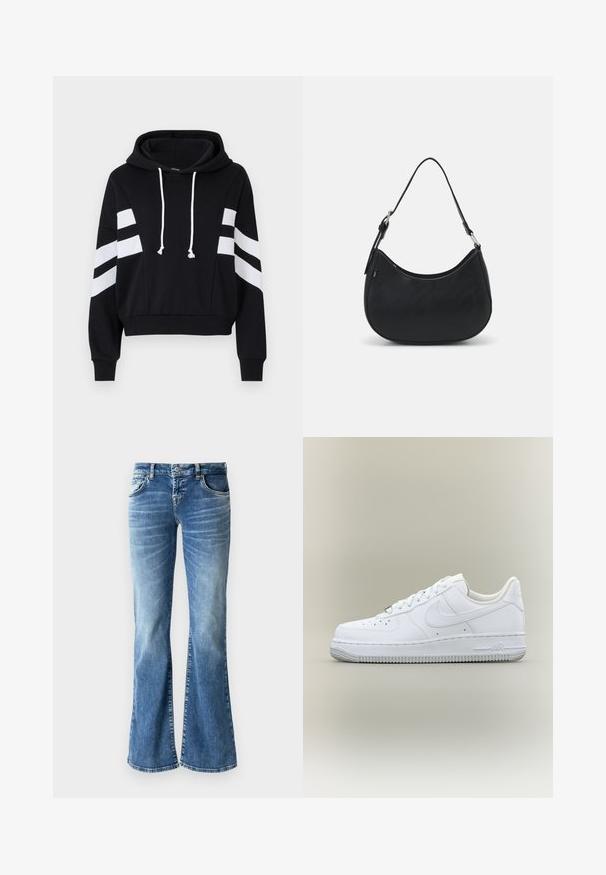 Zwarte cropped hoodie met witte gestreepte accenten op de mouwen en een capuchon met trekkoord. Gemaakt van zachte stof met een comfortabele pasvorm.; Lichtblauwe denim flared jeans met een vervaagde wassing, vijf zakken, gestikte details en een rits met knopsluiting.; Witte lage Nike Air Force 1 sneaker met veters, geperforeerde neus en gestructureerde rubberen zool op neutrale achtergrond.; Zwarte hobo tas van soepel leer met een gebogen silhouet, voorzien van een enkele verstelbare schouderriem en minimalistische ontwerpdetails.
