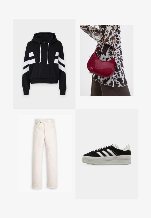 Sudadera recortada negra con acentos de rayas blancas en las mangas y capucha con cordón. Fabricada en un tejido suave con un ajuste holgado.; Jeans de mezclilla blanca con un diseño de pierna recta, estilo de cinco bolsillos y detalles de hardware en color cobre. Acabado sin dobladillo en los tobillos.; Zapatillas negras de ante con detalles en cuero blanco, tres rayas blancas, cordones planos y una gruesa suela de plataforma gris. Marca "Gazelle" en dorado.; Mujer con blusa de estampado en blanco y negro sosteniendo un bolso de hombro rojo brillante sobre un fondo liso.