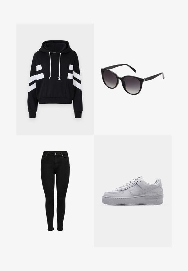 Sort cropped hoodie med hvide stribede detaljer på ærmerne og en hætte med snøre. Fremstillet af blødt stof med en afslappet pasform.; Sorte højtaljede skinny jeans med forreste knap, bæltestropper og fem-lomme design, vist mod en hvid baggrund.; Grå Nike Air Force 1 sneakers med perforeret tå, glat læderoverdel, tyk sål og præget 'AIR' detalje på hælen.; Sorte katteøje-solbriller med gradientlinser, plastikramme, glat overflade og sølvdetaljer på stængerne.