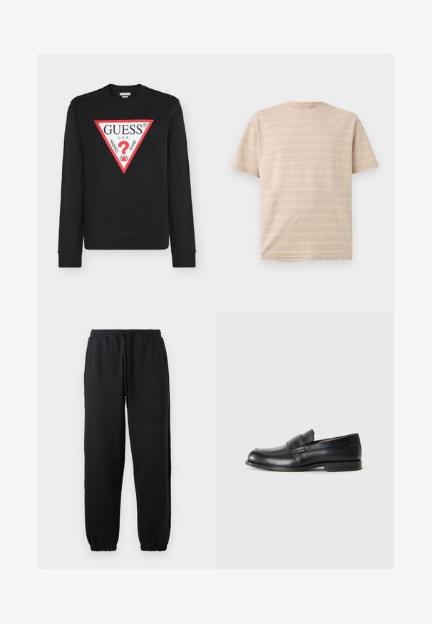 Sort sweatshirt med lange ærmer med stort rødt og hvidt trekantet GUESS-logo med et rødt spørgsmålstegn og teksten "WASHED JEANS U.S.A." centreret på brystet.; Beige kortærmet T-shirt med rund hals og subtile horisontale teksturerede striber på en ensfarvet baggrund.; Sorte joggingbukser lavet af blødt stof, med elastisk talje og justerbar snor, samt manchetter ved bunden.; Sorte læder loafers med rund tå, syet detaljer og en flad gummisål. Har en bred rem over vristen.