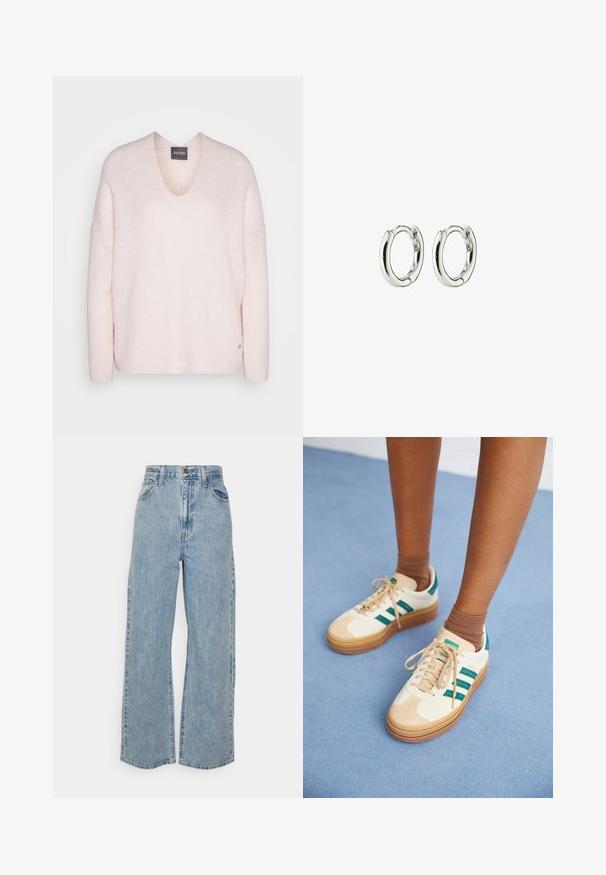 Lyserød v-hals sweater lavet af blødt stof, med en afslappet pasform og ribbet tekstur. Bemærkelsesværdig logo detalje på kanten.; Lyseblå vidde denimjeans med høj talje, frontknap, lynlås og femlomme-design på ensfarvet baggrund.; Beige sneakers med mørkegrønne striber, gummisål, overdel i ruskind og tekstil samt neutralt hardware, parret med brune sokker på en lyseblå overflade.; Sølv hoops øreringe med en glat, shiny finish. Rundet form med en sikker lukning. Minimalistisk design med en subtil twist-detalje.