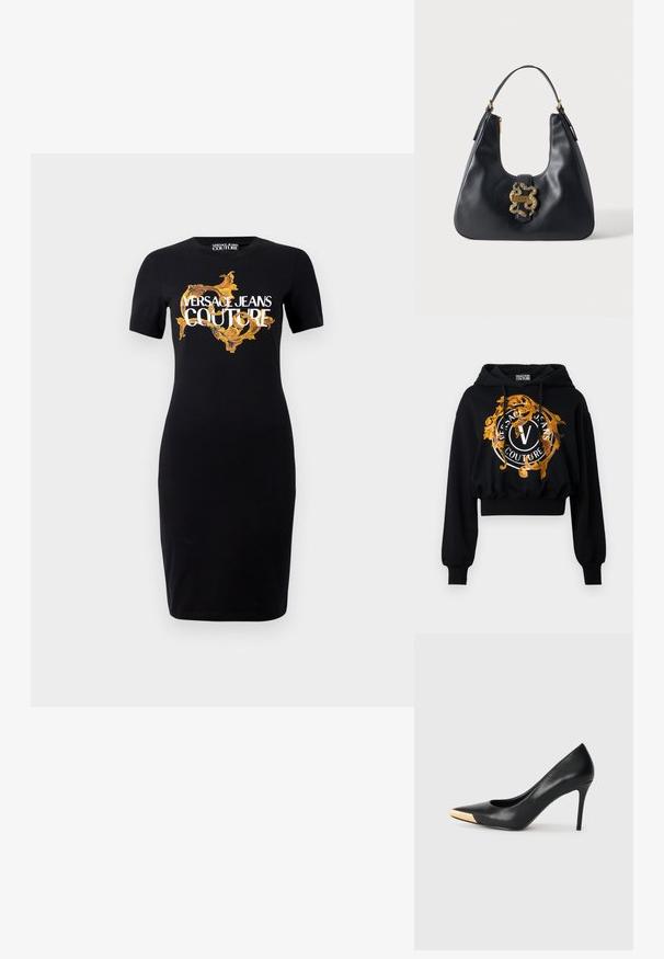 Schwarze, kurz geschnittene Kapuzenjacke aus weichem Stoff, die ein gold- und orangefarbenes, kunstvoll gestaltetes Motiv mit kreisförmigem Text und einem zentralen "V"-Logo zeigt.; Schwarzes, tailliertes Kleid mit kurzen Ärmeln, das das gold-weiße "VERSACE JEANS COUTURE"-Logo und komplexe goldene Muster auf der Vorderseite zeigt.; Schwarzer Leder-Pumps mit hohen Absätzen und spitzem Zehenbereich; verfügt über einen metallisch goldenen Akzent auf der Zehenkappe. Glatte Oberfläche mit einem eleganten Design.; Schwarze Lederhandtasche mit einem einzelnen Riemen und einem goldenen dekorativen Verschluss in Form von ineinander verschlungenen Schlangen auf der Vorderseite.
