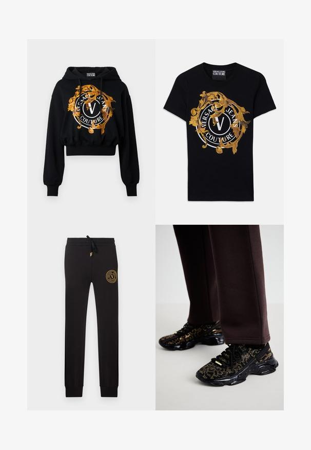 Sort cropped hoodie lavet af blødt stof, der har en guldfarvet og orange udsmykning med cirkulær tekst og et centralt "V" logo.; Sort kortærmet Versace Jeans Couture t-shirt med guld barokdesign og en hvid cirkulær logo centreret på fronten.; Sorte slim-fit joggers med snøre i taljen og gyldent Versace Jeans Couture logo-patch på øverste venstre lår.; Sorte sneakers med guldprikker, struktureret overflade og en kraftig sort sål. Parret med brune sweatpants, der viser et tætsiddende design.