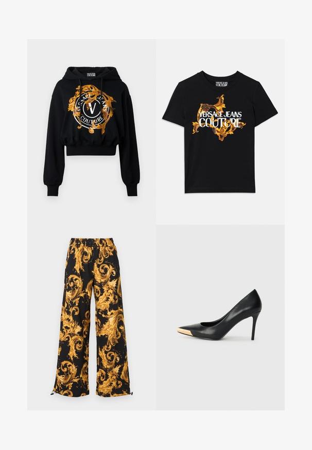 Sort cropped hoodie lavet af blødt stof, der har en guldfarvet og orange udsmykning med cirkulær tekst og et centralt "V" logo.; Sort bomulds t-shirt med hvid tekst "VERSACE JEANS COUTURE" og et overdådigt guld design omkring teksten, korte ærmer, rund halsudskæring.; Sorte bukser med vide ben og elastisk talje, prydet med et dristigt barokmønster i gylden-gul farve og justerbare snore ved buksekanterne.; Sort læder stiletter med spids tå; har et metalisk guldakcent på tåkapperne. Glat overflade med et strømlinet design.