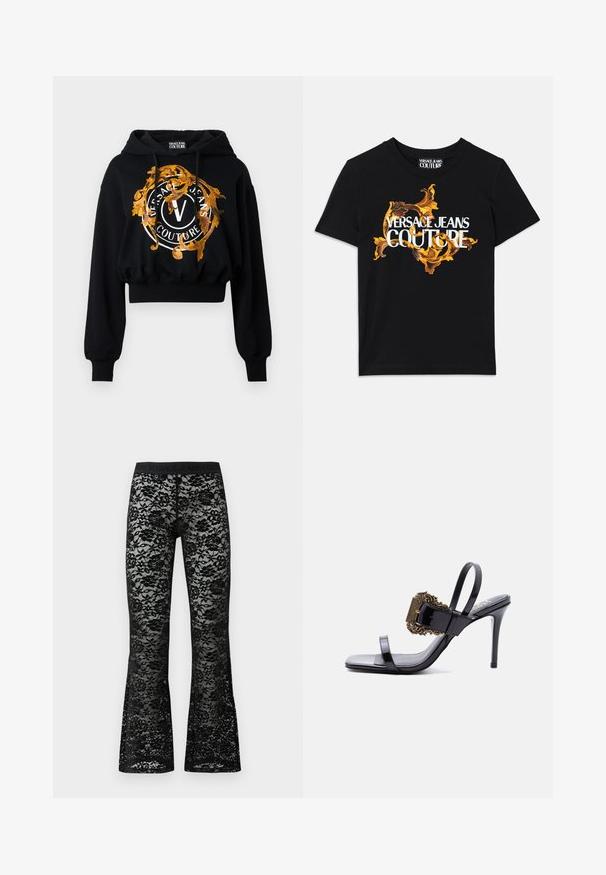 Haut à capuche court noir en tissu doux, orné d'un graphique doré et orange avec un texte circulaire et un logo central en "V".; T-shirt en coton noir avec le texte blanc "VERSACE JEANS COUTURE" et un design doré orné entourant le texte, manches courtes, col rond.; Pantalons évasés en dentelle noire avec un motif floral, taille élastique noire, texture transparente et silhouette ajustée.; Sandale à talon haut en cuir verni noir avec des fines lanières et une grande boucle dorée ornée sur la lanière avant.