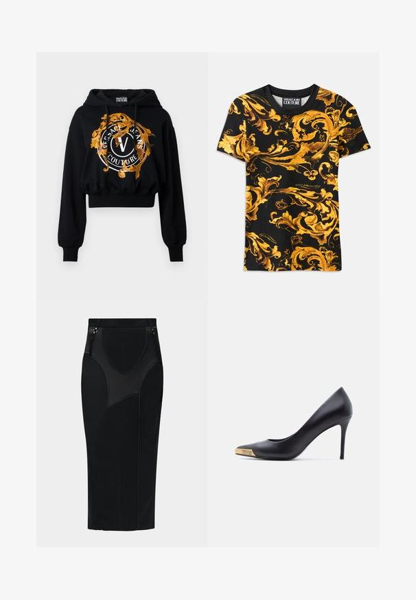 Μαύρο cropped hoodie κατασκευασμένο από μαλακό ύφασμα, με μια χρυσή και πορτοκαλί περίτεχνη γραφική απεικόνιση που περιλαμβάνει κυκλικό κείμενο και ένα κεντρικό λογότυπο "V".; Μαύρη μπλούζα με περίπλοκο χρυσό μπαρόκ σχέδιο, που περιλαμβάνει σπειροειδείς σχεδιασμούς. Κατασκευασμένη από βαμβάκι, με κοντά μανίκια και λεπτομέρεια λογότυπου στο στρίφωμα.; Μαύρη φούστα μολύβι με ψηλή μέση, ραμμένες λεπτομέρειες πάνελ και δύο μικρές χρυσές αγκράφες στη ζώνη.; Μαύρο δερμάτινο γόβα με ψηλό τακούνι και μυτερή μύτη, με χρυσή μεταλλική λεπτομέρεια χαραγμένη "Versace Jeans Couture", εμφανιζόμενο από το πλάι σε λευκό φόντο.