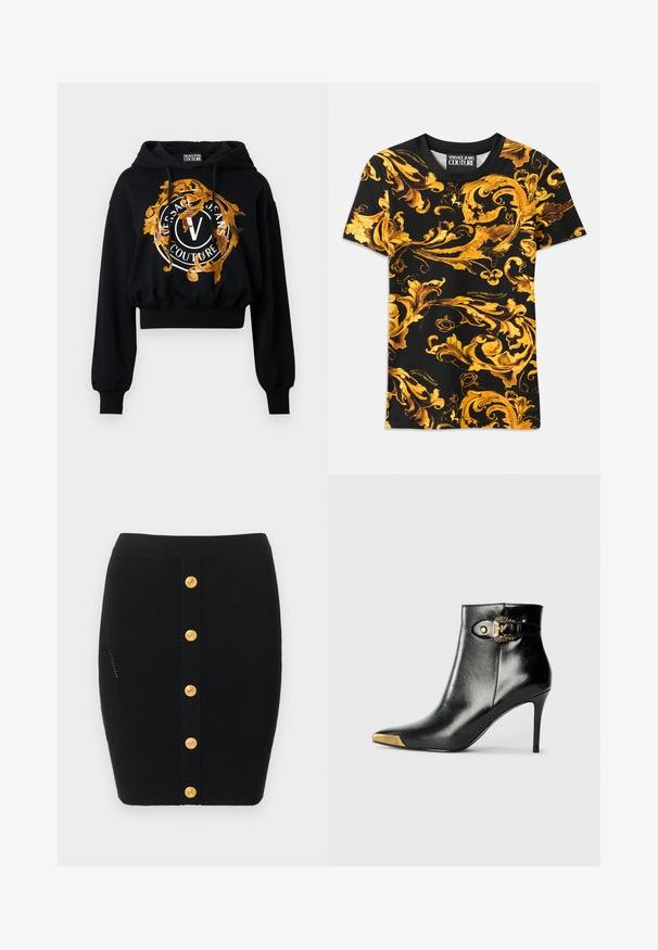 Μαύρο cropped hoodie κατασκευασμένο από μαλακό ύφασμα, με μια χρυσή και πορτοκαλί περίτεχνη γραφική απεικόνιση που περιλαμβάνει κυκλικό κείμενο και ένα κεντρικό λογότυπο "V".; Μαύρη μπλούζα με περίπλοκο χρυσό μπαρόκ σχέδιο, που περιλαμβάνει σπειροειδείς σχεδιασμούς. Κατασκευασμένη από βαμβάκι, με κοντά μανίκια και λεπτομέρεια λογότυπου στο στρίφωμα.; Μαύρη ριμπ πλεκτή φούστα με μία σειρά έξι χρυσών κουμπιών στο εμπρός μέρος, εφαρμοστή σχεδίαση και διακριτική υφή στο πλάι.; Μαύρο μποτάκι αστραγάλου από λαμπερό δέρμα, με μυτερή μύτη, τακούνι στιλέτο και χρυσούς μεταλλικούς εξαρτήματς με διακοσμητική αγκράφα.