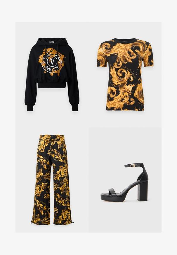 Zwarte cropped hoodie gemaakt van zacht stof, met een gouden en oranje ornamentale grafiek, cirkelvormige tekst en een centraal "V"-logo.; Zwart kort shirt met barokke gouden, sierlijke, kronkelende patronen en subtiele cursieve tekst door het hele ontwerp.; Zwarte wijde broek met geel en gouden sierlijk barok bloemmotief en elastische tailleband.; Zwarte platform sandalen met een dikke blokhak, van glad leer, open teen ontwerp en een enkelband met een gouden gesp accent.