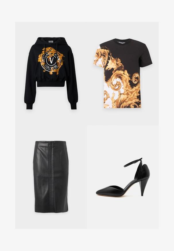 Haut à capuche court noir en tissu doux, orné d'un graphique doré et orange avec un texte circulaire et un logo central en "V".; T-shirt noir et blanc à manches courtes avec des motifs tourbillonnants baroques dorés et des éclaboussures couvrant le devant et la manche gauche.; Jupe en cuir noire longueur genoux avec panneau cousu vertical au centre et petite fente latérale, présentée sur fond blanc.; Escarpin en cuir noir à bout pointu avec bride à la cheville et talon conique sur fond blanc.