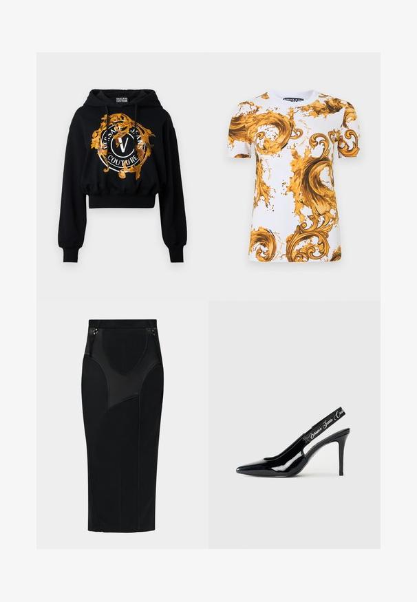 Μαύρο cropped hoodie κατασκευασμένο από μαλακό ύφασμα, με μια χρυσή και πορτοκαλί περίτεχνη γραφική απεικόνιση που περιλαμβάνει κυκλικό κείμενο και ένα κεντρικό λογότυπο "V".; Άσπρο μπλουζάκι Versace Jeans με κοντά μανίκια, διακοσμημένο με περίτεχνα χρυσά και καφέ μπαρόκ σχήματα σε σπειροειδείς καμπύλες και πιτσιλιές.; Μαύρη φούστα μολύβι με ψηλή μέση, ραμμένες λεπτομέρειες πάνελ και δύο μικρές χρυσές αγκράφες στη ζώνη.; Μαύρο παλτό από δέρμα με γυαλιστερή επιφάνεια, σφήνα με μυτερή μύτη, διαθέτει κομμένο τμήμα και ελαστική λωρίδα με ανάγλυφο το όνομα της μάρκας.