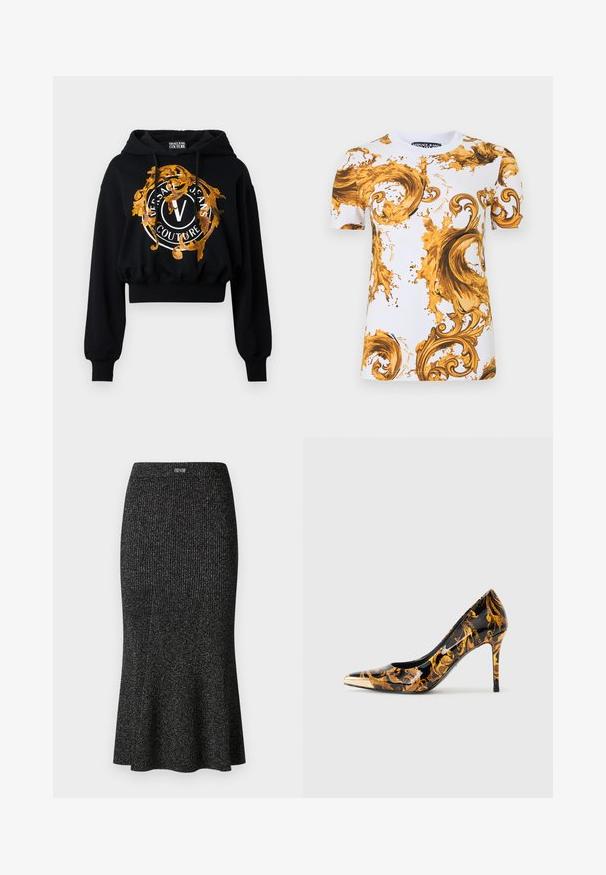 Sudadera corta negra hecha de un tejido suave que presenta un gráfico ornamentado en dorado y naranja con texto circular y un logo central en forma de "V".; Camiseta blanca de manga corta de Versace Jeans con elaborados patrones barrocos en tonos dorados y marrones en forma de remolinos y salpicaduras.; Falda midi negra de tejido elástico con canalé, con un dobladillo acampanado, un brillo sutil, cinturilla elástica y un detalle de logo cerca de la parte superior.; Zapato de tacón alto con punta afilada, superficie negra brillante, adornado con patrones florales dorados y una tapa metálica dorada en la punta.