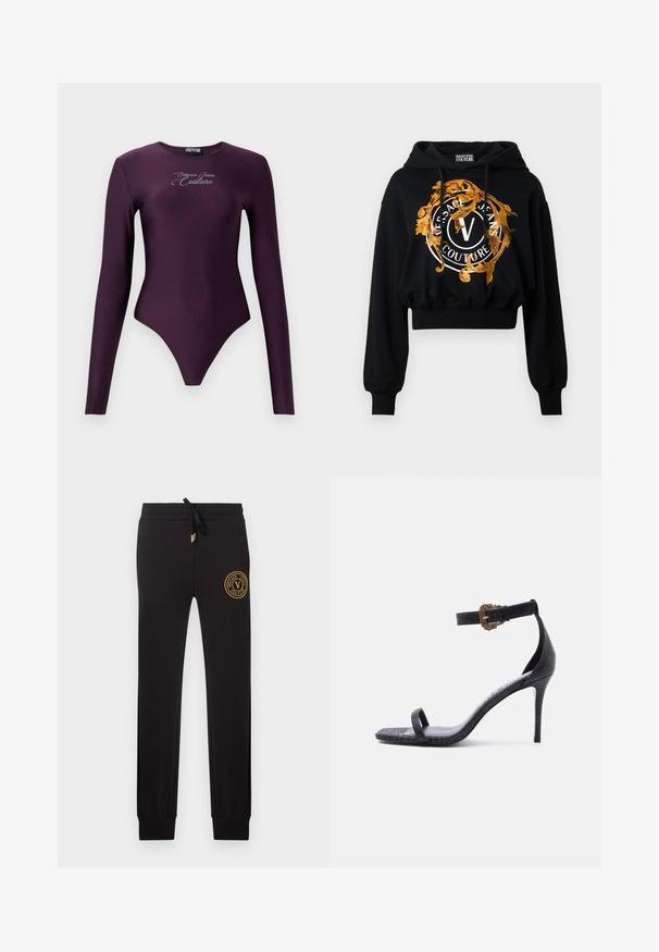 Μαύρο cropped hoodie κατασκευασμένο από μαλακό ύφασμα, με μια χρυσή και πορτοκαλί περίτεχνη γραφική απεικόνιση που περιλαμβάνει κυκλικό κείμενο και ένα κεντρικό λογότυπο "V".; Μακρυμάνικο κορμάκι σε σκούρο μωβ, φτιαγμένο από ελαστικό ύφασμα, με ψηλό λαιμόκομψο και ασημένιο λογότυπο στο στήθος.; Μαύρα στενά αθλητικά παντελόνια με κορδόνι στη μέση και χρυσή ραφή λογότυπου Versace Jeans Couture στο πάνω αριστερό μηρό.; Μαύρο πέδιλο με ψηλό τακούνι και λεπτό λουράκι στον αστράγαλο με περίτεχνη χρυσή αγκράφα και ένα λουράκι στο δάχτυλο, με υφή δερμάτινου φινιρίσματος.