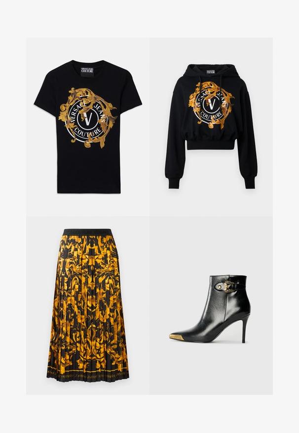 Sudadera corta negra hecha de un tejido suave que presenta un gráfico ornamentado en dorado y naranja con texto circular y un logo central en forma de "V".; Camiseta de manga corta negra de Versace Jeans Couture con diseño barroco dorado y logo circular blanco centrado en la parte frontal.; Falda plisada de tela negra con un vibrante patrón floral dorado. La cinturilla es negra con letras en relieve.; Botín negro hasta el tobillo fabricado en cuero brillante, con punta puntiaguda, tacón de aguja y detalles dorados con una hebilla decorativa.