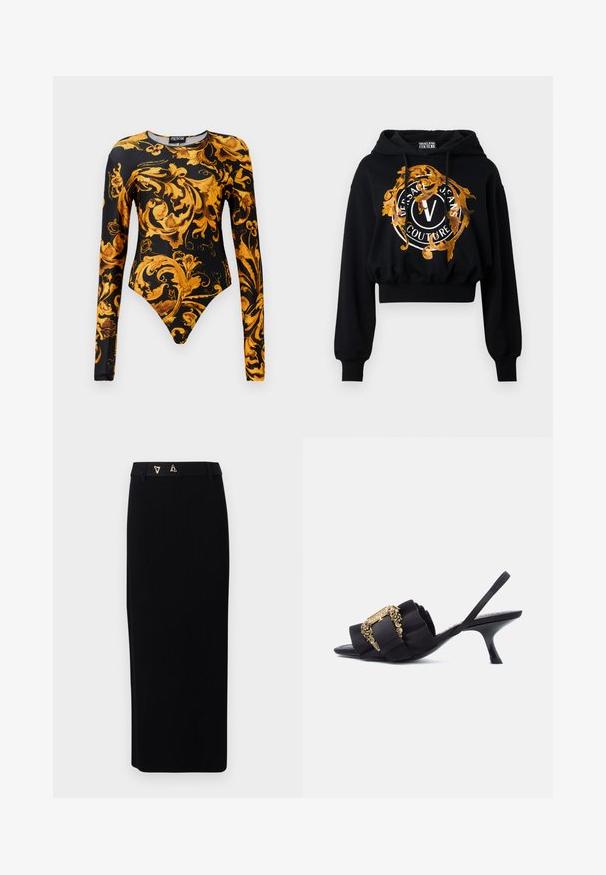 Μαύρο cropped hoodie κατασκευασμένο από μαλακό ύφασμα, με μια χρυσή και πορτοκαλί περίτεχνη γραφική απεικόνιση που περιλαμβάνει κυκλικό κείμενο και ένα κεντρικό λογότυπο "V".; Μαύρο κορμάκι με μακριά μανίκια, που διαθέτει επιβλητικά χρυσά floral σχέδια και σχεδίαση με υψηλή κοπή στο πόδι. Κατασκευασμένο από λείο ύφασμα.; AERON FORUM - Pencil φούστα - black; Μαύρο γοβάκι με λεπτό τακούνι και λουρί πίσω, με ραμμένη τιράντα και διακοσμητική χρυσή αγκράφα, σε λευκό φόντο.