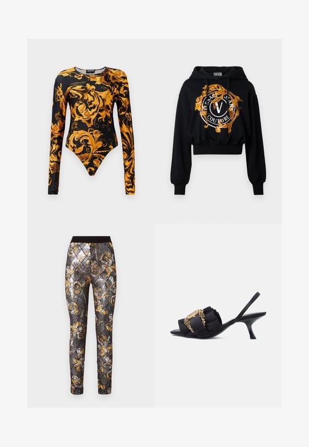 Sudadera corta negra hecha de un tejido suave que presenta un gráfico ornamentado en dorado y naranja con texto circular y un logo central en forma de "V".; Bodysuit negro con mangas largas, que presenta ornados patrones florales dorados y un diseño de pierna alta. Fabricado en un material suave.; Leggings con un patrón negro y dorado que presentan un diseño de diamantes con lentejuelas, una cinturilla elástica y delicados acentos florales.; Zapato de tacón tipo slingback negro con tira recogida y detalle de hebilla dorada ornamentada sobre fondo blanco.