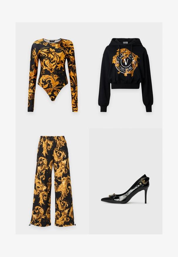Sort cropped hoodie lavet af blødt stof, der har en guldfarvet og orange udsmykning med cirkulær tekst og et centralt "V" logo.; Sort bodysuit med lange ærmer, der har udsmykkede gyldne blomsterdesigns og en højskåret benudskæring. Fremstillet af glat materiale.; Sorte bukser med vide ben og elastisk talje, prydet med et dristigt barokmønster i gylden-gul farve og justerbare snore ved buksekanterne.; Sorte laklæder højhælede sko med spidse tæer, en sløjfedetalje foran og en dekorativ accent i guldtonet metal bagpå.