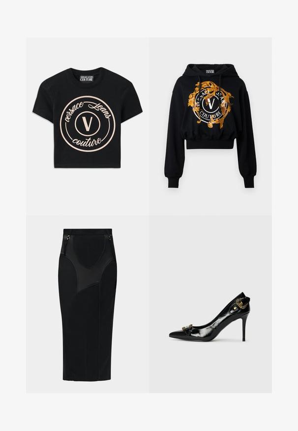 Zwarte cropped hoodie gemaakt van zacht stof, met een gouden en oranje ornamentale grafiek, cirkelvormige tekst en een centraal "V"-logo.; Zwarte katoenen t-shirt met een groot beige cirkelvormig logo waarop "Versace Jeans Couture" staat en een centraal "V" in een elegante lettertype. Korte mouwen.; Zwarte kokerrok met hoge taille, gestikte paneeldetails en twee kleine gouden gespaccenten aan de tailleband.; Zwarte gepatenteerde leren hoge hak schoen met een spitse neus, een strikdetail aan de voorkant en een decoratieve goudkleurige hardware accent aan de achterkant.