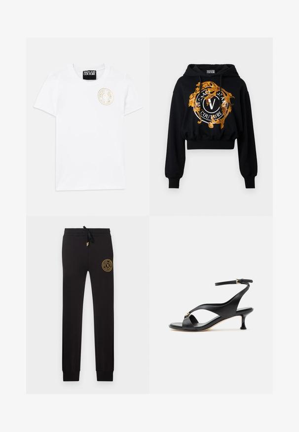 Μαύρο cropped hoodie κατασκευασμένο από μαλακό ύφασμα, με μια χρυσή και πορτοκαλί περίτεχνη γραφική απεικόνιση που περιλαμβάνει κυκλικό κείμενο και ένα κεντρικό λογότυπο "V".; Λευκό βαμβακερό t-shirt με κοντά μανίκια και στρογγυλή λαιμόκοψη. Διαθέτει χρυσό κεντημένο λογότυπο στο στήθος. Απλός και κλασικός σχεδιασμός.; Μαύρα στενά αθλητικά παντελόνια με κορδόνι στη μέση και χρυσή ραφή λογότυπου Versace Jeans Couture στο πάνω αριστερό μηρό.; Μαύρο γυναικείο δερμάτινο σανδάλι με καμπυλωτή χαμηλή γόβα, διασταυρωμένα λουράκια και ρυθμιζόμενο λουράκι αστραγάλου με μικρή χρυσή αγκράφα.