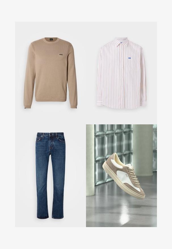 Beige neulepusero, jossa pitkät hihat, pyöreä pääntie, resorireunukset ja pieni musta 'BOSS'-logo rinnassa. Pehmeä tekstuuri, klassinen istuvuus.; Valkoinen pitkähihainen nappipaita, jossa ohuita pystysuoria oransseja raitoja ja rintatasku, jossa pieni sininen "Hugo"-etiketti.; Miestne modré džínsy s rovnými nohavicami, štandardným pásom, päťvreckovým dizajnom a jemným blednutím pozdĺž stehien.; Beigen ja valkoisen mokkanahasta valmistettu tennari, jossa nauhat ja "BOSS"-logo, leijuu kiillotetun betonilattian yläpuolella, taustalla lasiharkkoseinät.