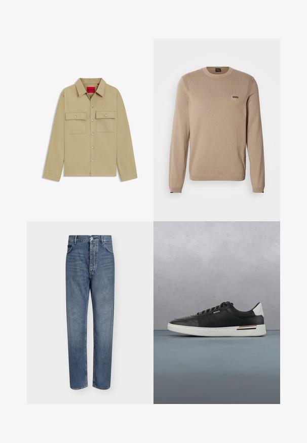 Beige striktrøje med lange ærmer, rund halsudskæring, ribbekanter og lille sort 'BOSS' logo på brystet. Blød tekstur, klassisk pasform.; Beige skjorte med lange ærmer, to brystlommer og HUGO-logo. Har en klassisk krave og glat tekstur.; Straight-leg blå denim jeans med høj talje, frontknaplukning og fem-lomme design på en ensartet lys baggrund.; Sort lædersneaker med hvid sål, har perforeringer, snørebåndsdesign, logo på siden og kontrasterende hældetalje i hvid og brun.