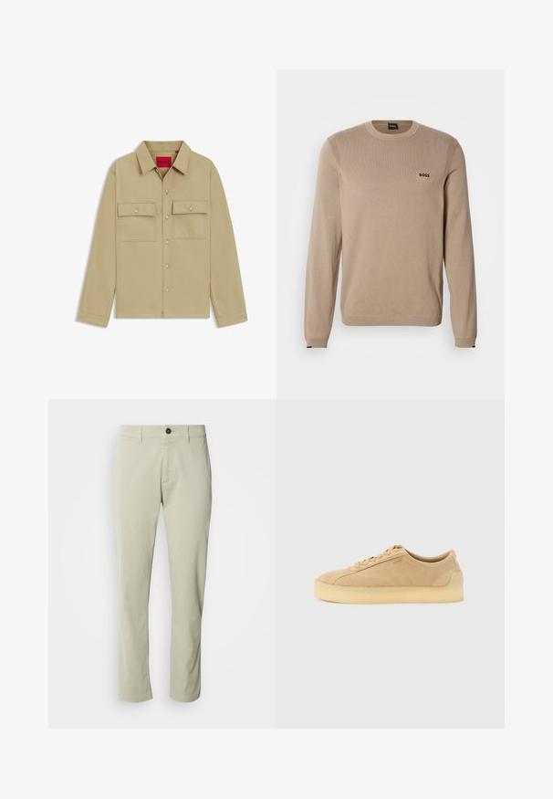 Beige striktrøje med lange ærmer, rund halsudskæring, ribbekanter og lille sort 'BOSS' logo på brystet. Blød tekstur, klassisk pasform.; Beige skjorte med lange ærmer, to brystlommer og HUGO-logo. Har en klassisk krave og glat tekstur.; Beige bomulds chinos med lige snit, lynlås og en enkelt knaplukning. Har bæltestropper og en glat tekstur.; Beige ruskind lavtop-sneaker med tyk gummsål, snørebånd foran og diskret branding på siden på en ensartet lys grå baggrund.