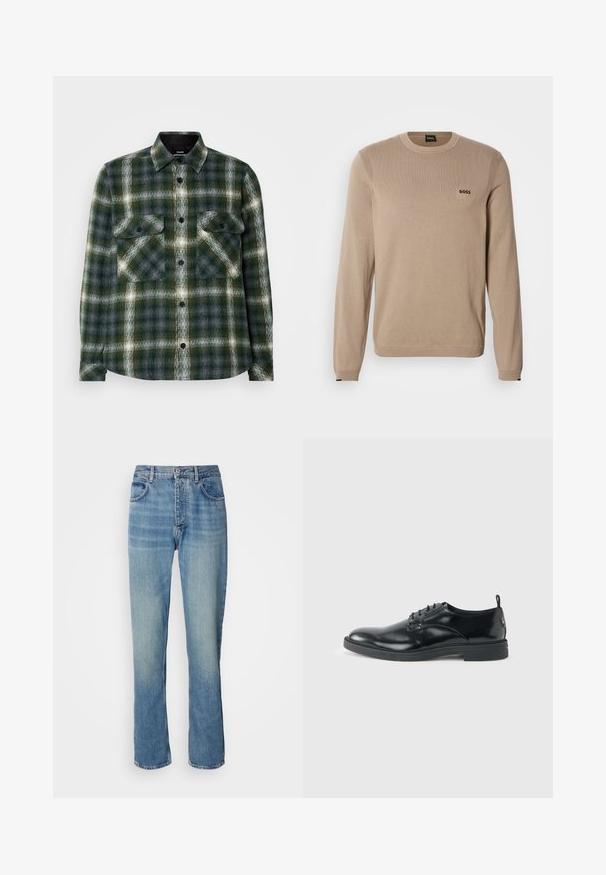 Pull en maille beige à manches longues, col rond, détails côtelés et petit logo noir « BOSS » sur la poitrine. Texture douce, coupe classique.; Chemise en flanelle à motif écossais vert foncé et gris. Présente deux poches poitrine, des boutons noirs et un col classique. Texture douce.; Jean en denim droit bleu clair avec taille haute, fermeture par bouton et zip à l'avant, et design à cinq poches.; Chaussure habillée en cuir noir brillant avec un petit talon, fermeture à lacets et bout rond, vue de côté sur un fond uni et clair.