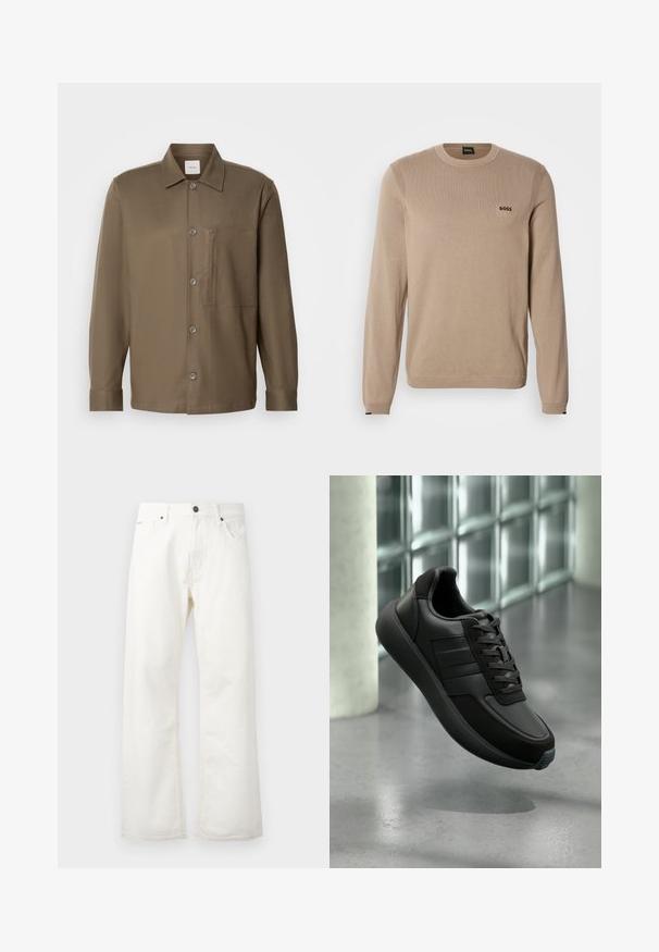 Beige neulepusero, jossa pitkät hihat, pyöreä pääntie, resorireunukset ja pieni musta 'BOSS'-logo rinnassa. Pehmeä tekstuuri, klassinen istuvuus.; Ruskea nappipaitapusero, jossa on kaulus, pitkät hihat, rintatasku ja sileä pinta. Edessä on harmaita nappeja.; Valkoiset levenevät farkut denimkankaasta, joissa on normaali vyötärö, etutaskut ja nappikiinnitys. Kankaan pinta on tekstuuri ja puhdas viimeistely.; Mustat nahkakengät, joissa on kuvioidut yksityiskohdat, nauhakiinnitys, pyöreä kärki ja kumipohja, jossa on erottuva sininen yksityiskohta.