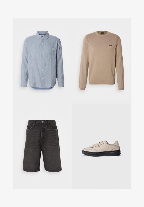 Beige neulepusero, jossa pitkät hihat, pyöreä pääntie, resorireunukset ja pieni musta 'BOSS'-logo rinnassa. Pehmeä tekstuuri, klassinen istuvuus.; Vaaleansininen raidallinen nappipaita, puuvillakangasta, pitkät hihat, terävä kauluksen, yksi rintatasku ja logonäytteen yksityiskohta.; Mustat denimi shortsit rentoa istuvuutta, joissa on etutaskut, kulutettu pinta ja klassinen vyötärö, jossa on yksi napitus.; Beige nahkakengät mustalla kumipohjalla, pyöreällä varvalla ja tasaisilla nauhoilla. Ominaisuuksia ovat huomaamaton ompelu ja logo sivussa.
