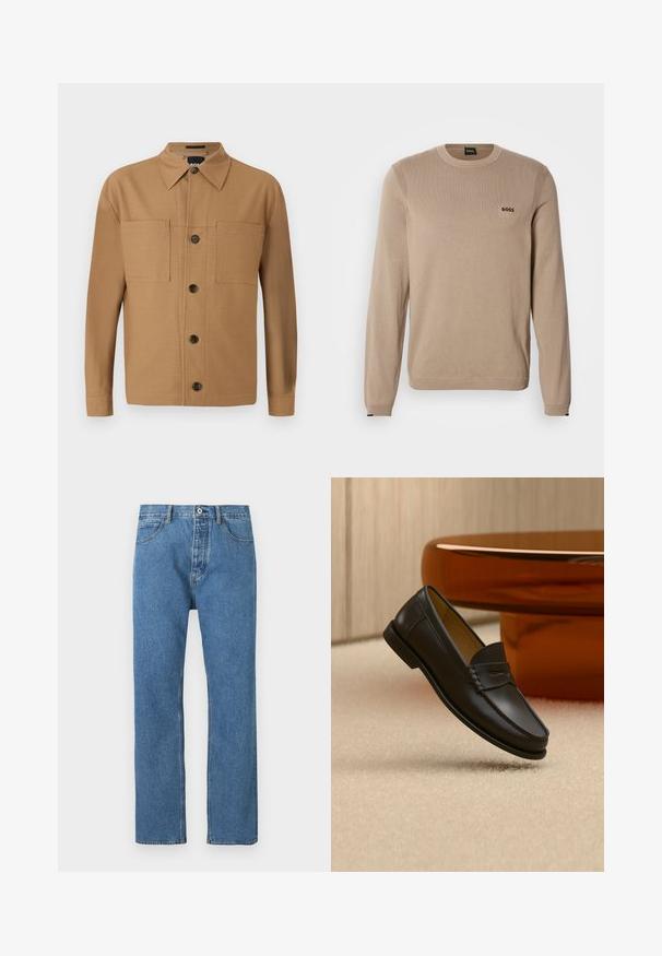 Beige striktrøje med lange ærmer, rund halsudskæring, ribbekanter og lille sort 'BOSS' logo på brystet. Blød tekstur, klassisk pasform.; BOSS CRAIG - Skjorter - medium beige; Lyseblå denimjeans med lige snit, fem lommer, knaplukning og subtile syningsdetaljer langs sømmene.; Sort læder loafer-sko hængende over beige tæppe med ravfarvet moderne møblement i baggrunden.