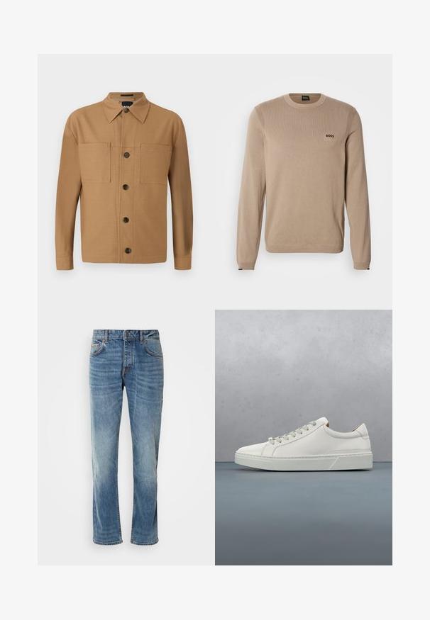 Jersey de punto beige con mangas largas, cuello redondo, detalles acanalados y pequeño logo negro 'BOSS' en el pecho. Textura suave, ajuste clásico.; BOSS CRAIG - Camisa - medium beige; Jeans de denim azul claro con piernas rectas, cinco bolsillos, costuras en contraste y un acabado desgastado. Cuenta con un cierre de botón y cremallera.; Zapatilla blanca de cuero con punta redondeada, diseño minimalista, cordones grises y suela de goma texturizada gris. Detalles de costura sutiles visibles.